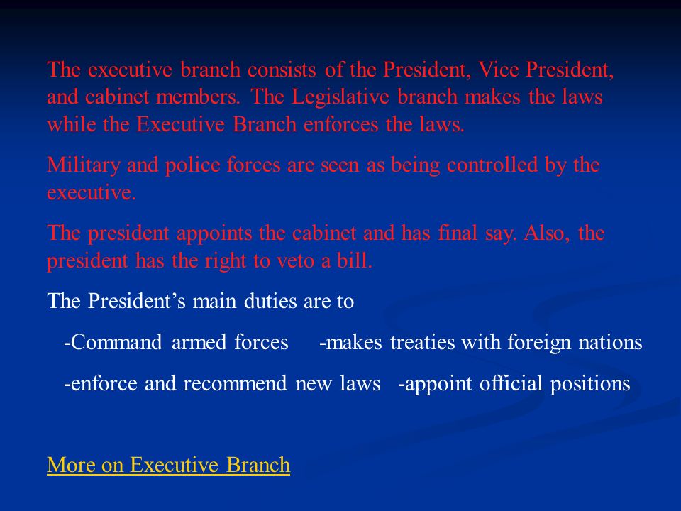The executive branch consists of the President, Vice President, and cabinet members.