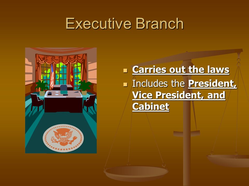 Executive Branch Carries out the laws Carries out the laws Includes the President, Vice President, and Cabinet Includes the President, Vice President, and Cabinet