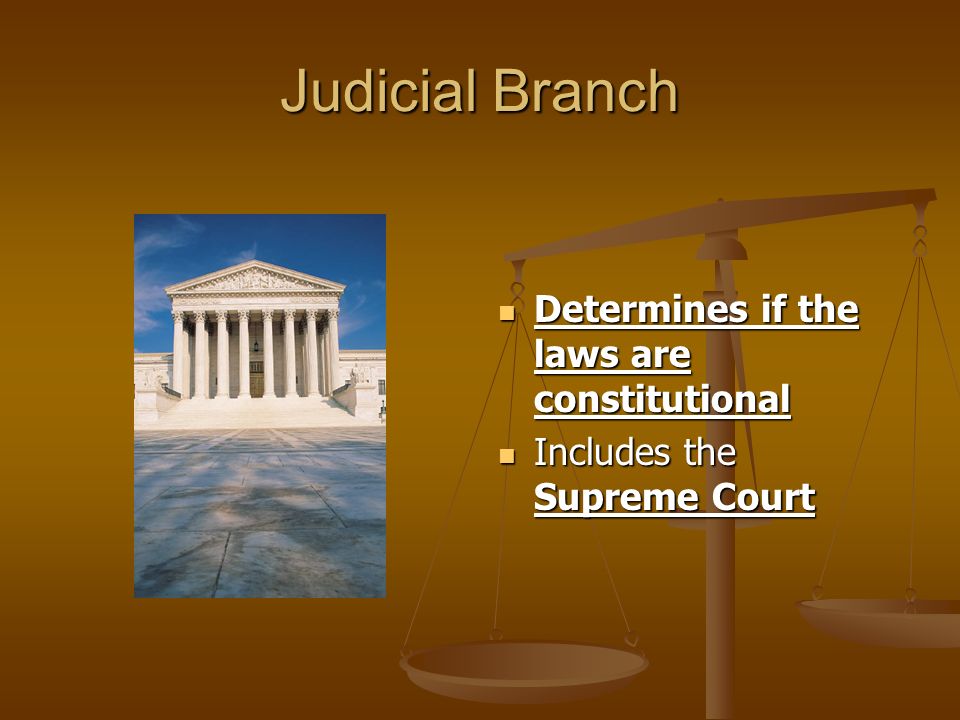 Judicial Branch Determines if the laws are constitutional Includes the Supreme Court