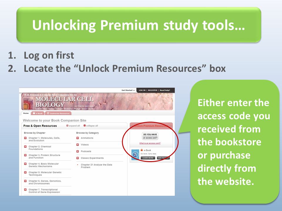 1.Log on first 2.Locate the Unlock Premium Resources box Unlocking Premium study tools… Either enter the access code you received from the bookstore or purchase directly from the website.