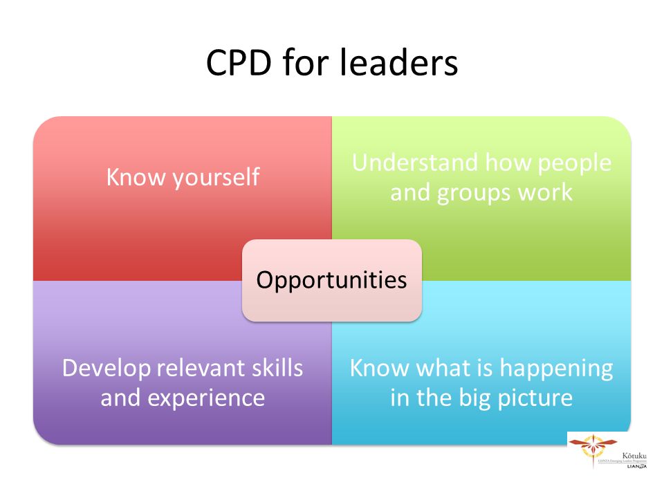 CPD for leaders Know yourself Understand how people and groups work Develop relevant skills and experience Know what is happening in the big picture Opportunities