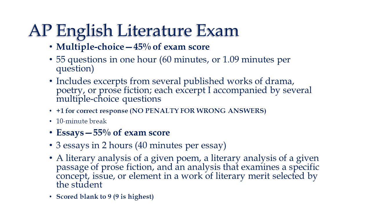 AP English Literature and Composition The Exam. AP English Language and  Composition Read prose and write for a variety of purposes Literature of  fact. - ppt download