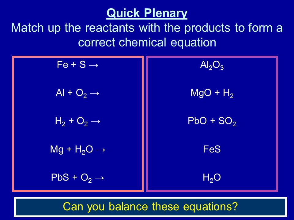 Quick Plenary Match up the reactants with the products to form a correct chemical equation Fe + S → Al + O 2 → H 2 + O 2 → Mg + H 2 O → PbS + O 2 → Al 2 O 3 MgO + H 2 PbO + SO 2 FeS H 2 O Can you balance these equations