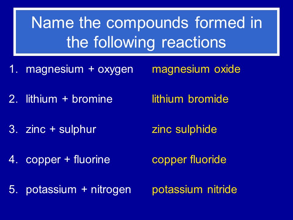 Name the compounds formed in the following reactions 1.magnesium + oxygen 2.lithium + bromine 3.zinc + sulphur 4.copper + fluorine 5.potassium + nitrogen magnesium oxide lithium bromide zinc sulphide copper fluoride potassium nitride