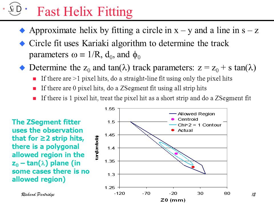 Richard Partridge12 Fast Helix Fitting u Approximate helix by fitting a circle in x – y and a line in s – z  Circle fit uses Kariaki algorithm to determine the track parameters   1/R, d 0, and  0  Determine the z 0 and tan( ) track parameters: z = z 0 + s tan( ) If there are >1 pixel hits, do a straight-line fit using only the pixel hits If there are 0 pixel hits, do a ZSegment fit using all strip hits If there is 1 pixel hit, treat the pixel hit as a short strip and do a ZSegment fit The ZSegment fitter uses the observation that for ≥2 strip hits, there is a polygonal allowed region in the z 0 – tan( ) plane (in some cases there is no allowed region)