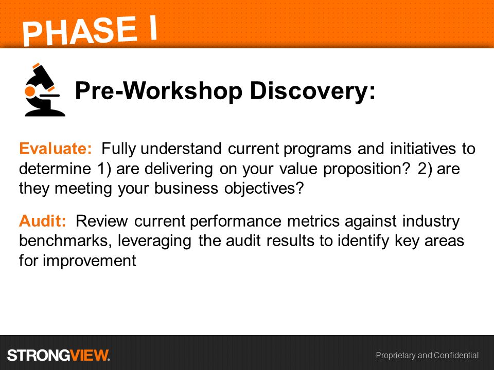 Proprietary and Confidential Pre-Workshop Discovery: Evaluate: Fully understand current programs and initiatives to determine 1) are delivering on your value proposition.