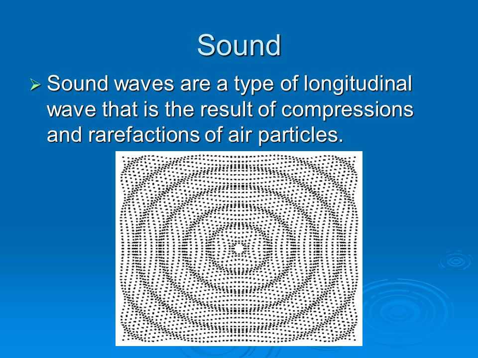 Sound  Sound waves are a type of longitudinal wave that is the result of compressions and rarefactions of air particles.
