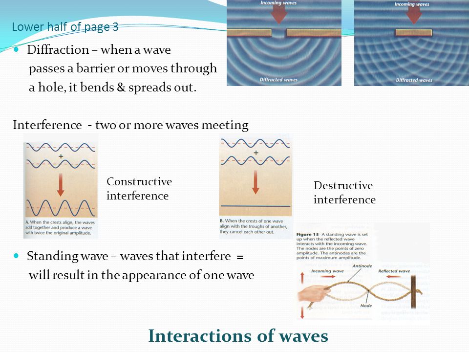 Lower half of page 3 Diffraction – when a wave passes a barrier or moves through a hole, it bends & spreads out.