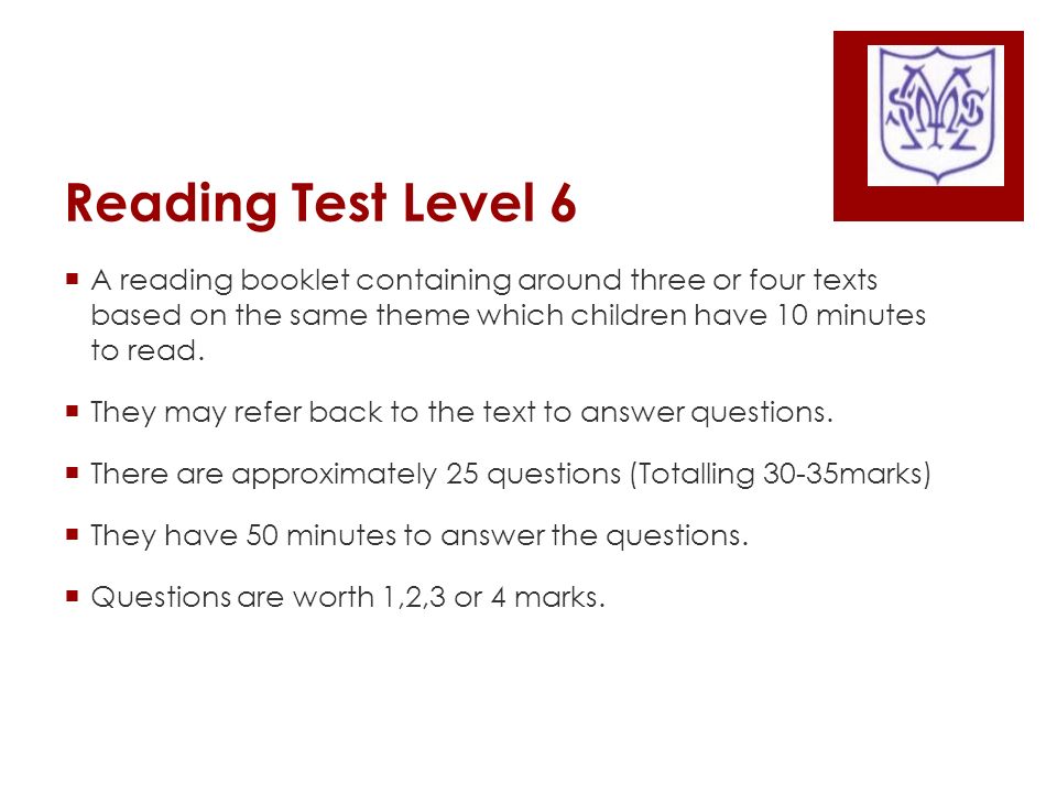 Reading Test Level 6  A reading booklet containing around three or four texts based on the same theme which children have 10 minutes to read.