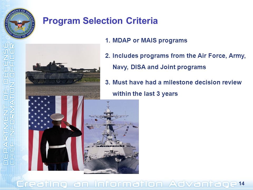14 Program Selection Criteria 1.MDAP or MAIS programs 2.Includes programs from the Air Force, Army, Navy, DISA and Joint programs 3.Must have had a milestone decision review within the last 3 years