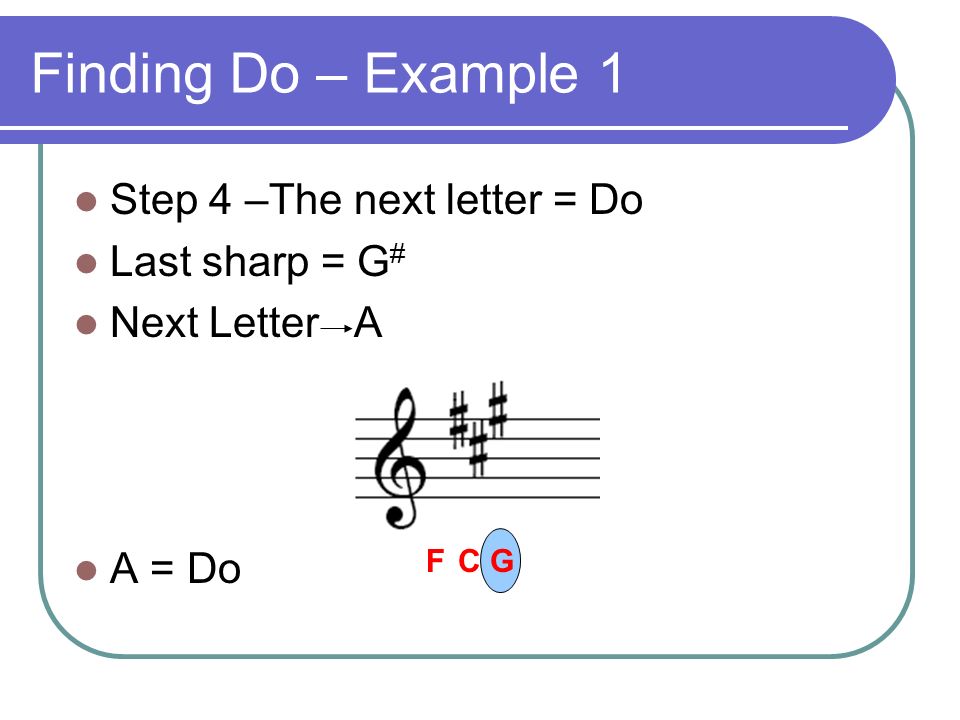 Finding Do – Example 1 Step 4 –The next letter = Do Last sharp = G # Next Letter A A = Do FCG