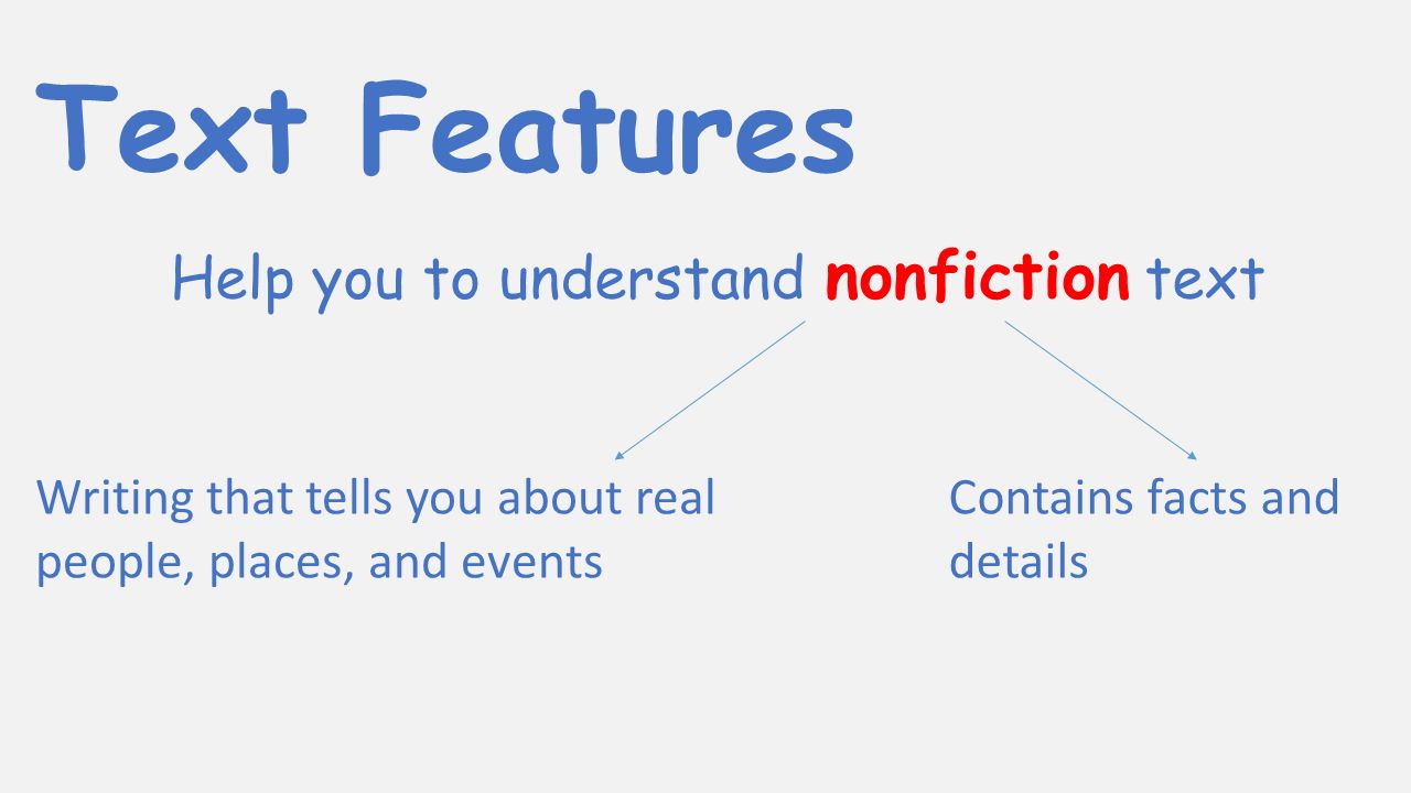 Text Features Help you to understand nonfiction text Writing that tells you about real people, places, and events Contains facts and details