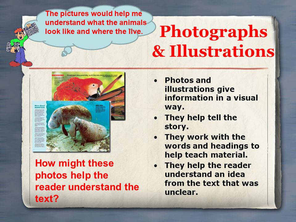 Photographs & Illustrations Photos and illustrations give information in a visual way.