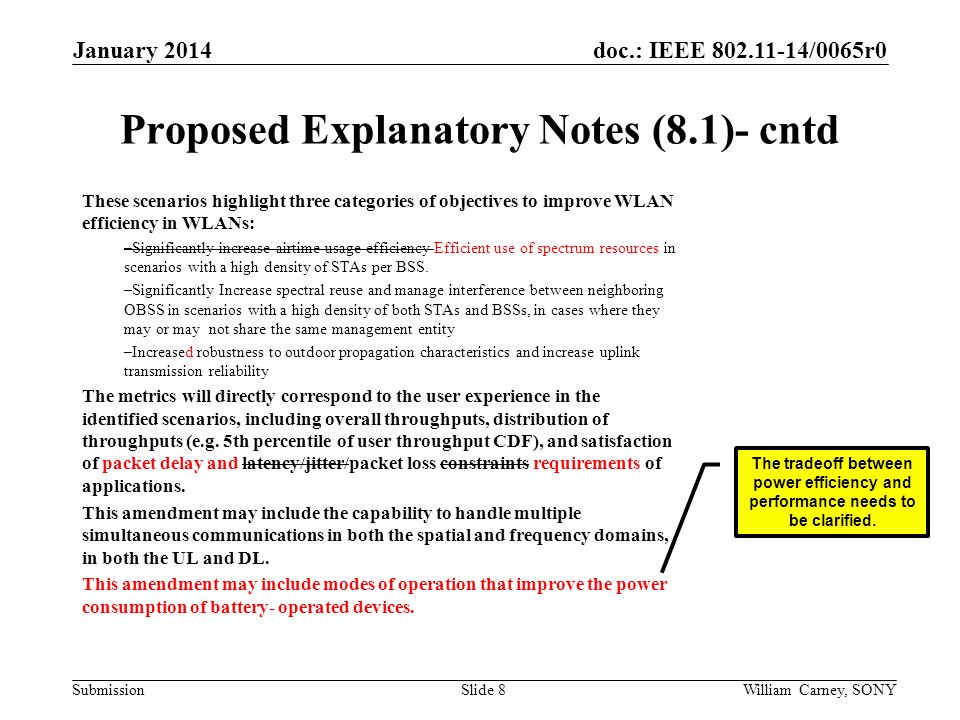 doc.: IEEE /0065r0 Submission Proposed Explanatory Notes (8.1)- cntd These scenarios highlight three categories of objectives to improve WLAN efficiency in WLANs: –Significantly increase airtime usage efficiency Efficient use of spectrum resources in scenarios with a high density of STAs per BSS.
