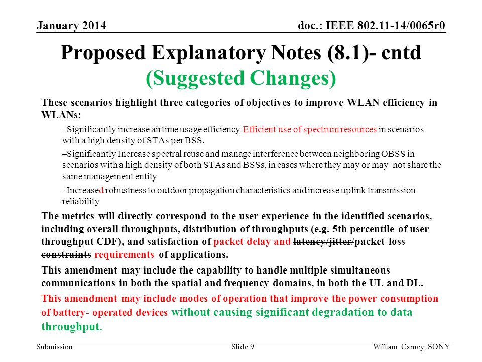 doc.: IEEE /0065r0 Submission Proposed Explanatory Notes (8.1)- cntd (Suggested Changes) These scenarios highlight three categories of objectives to improve WLAN efficiency in WLANs: –Significantly increase airtime usage efficiency Efficient use of spectrum resources in scenarios with a high density of STAs per BSS.