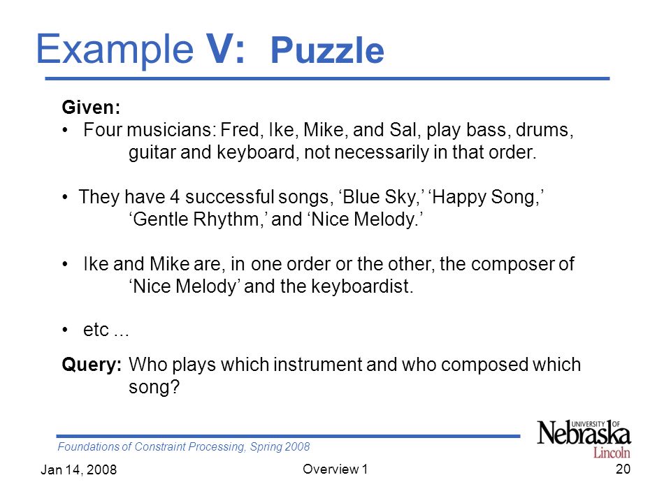 Foundations of Constraint Processing, Spring 2008 Jan 14, 2008 Overview 120 Example V: Puzzle Given: Four musicians: Fred, Ike, Mike, and Sal, play bass, drums, guitar and keyboard, not necessarily in that order.