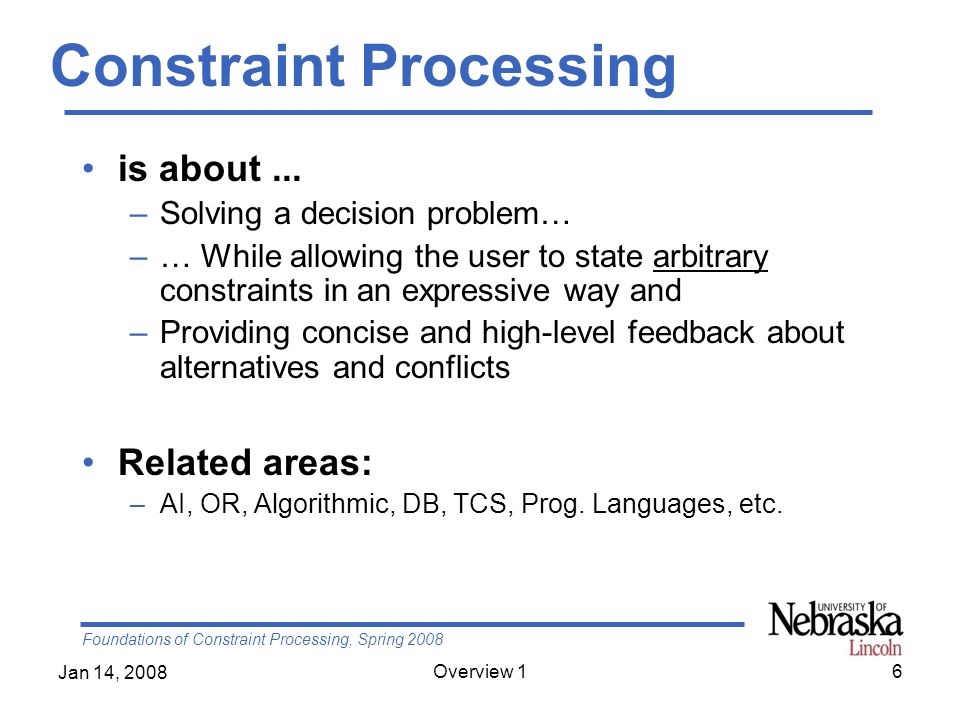 Foundations of Constraint Processing, Spring 2008 Jan 14, 2008 Overview 16 Constraint Processing is about...