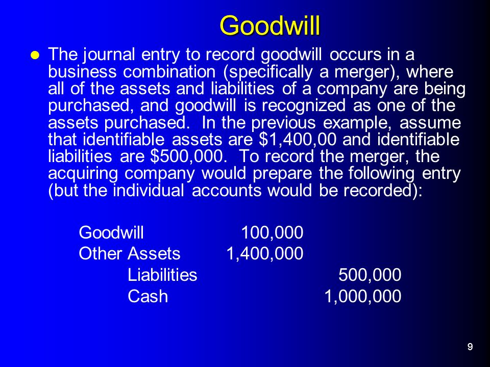 9 Goodwill The journal entry to record goodwill occurs in a business combination (specifically a merger), where all of the assets and liabilities of a company are being purchased, and goodwill is recognized as one of the assets purchased.
