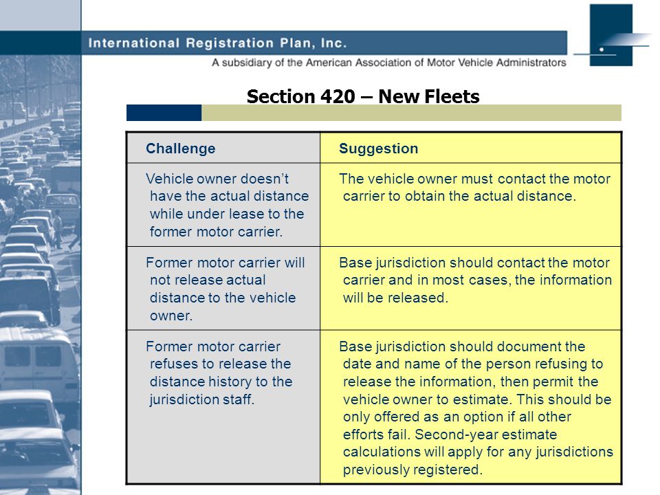 Section 420 – New Fleets Challenge Suggestion Vehicle owner doesn’t have the actual distance while under lease to the former motor carrier.