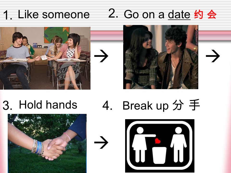 Like someone Go on a date 约 会 Hold hands Break up 分 手   