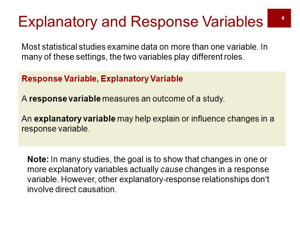 Response Variable, Explanatory Variable A response variable measures an outcome of a study.