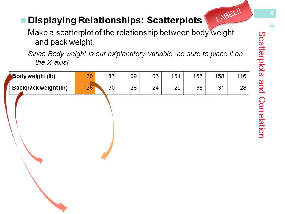 + Scatterplots and Correlation Displaying Relationships: ScatterplotsMake a scatterplot of the relationship between body weight and pack weight.