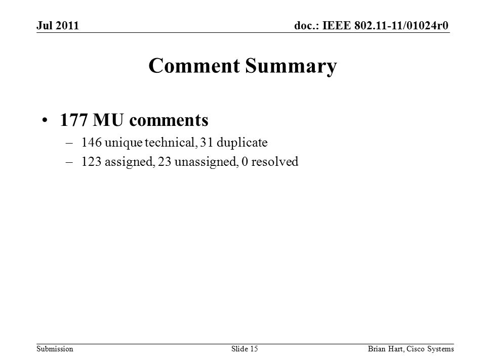 doc.: IEEE /01024r0 Submission Comment Summary 177 MU comments –146 unique technical, 31 duplicate –123 assigned, 23 unassigned, 0 resolved Brian Hart, Cisco SystemsSlide 15 Jul 2011