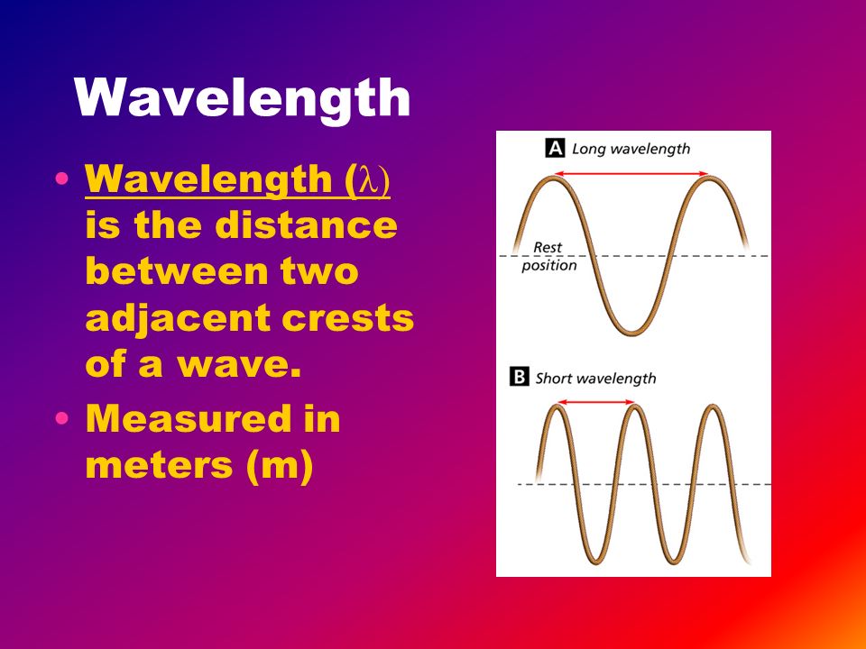 Wavelength Wavelength ( λ) is the distance between two adjacent crests of a wave.