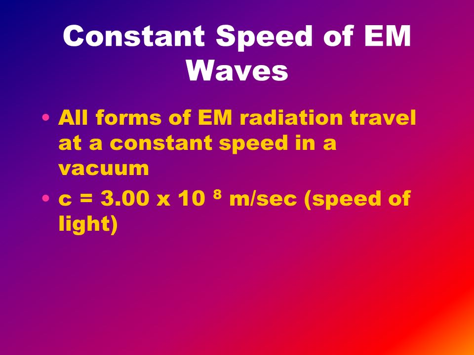 Constant Speed of EM Waves All forms of EM radiation travel at a constant speed in a vacuum c = 3.00 x 10 8 m/sec (speed of light)