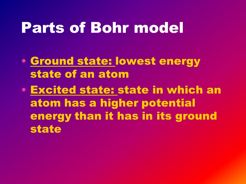 Parts of Bohr model Ground state: lowest energy state of an atom Excited state: state in which an atom has a higher potential energy than it has in its ground state