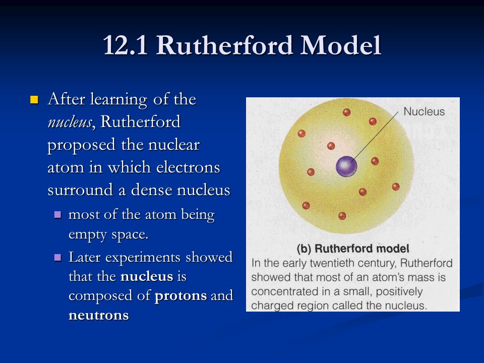 12.1 Rutherford Model After learning of the nucleus, Rutherford proposed the nuclear atom in which electrons surround a dense nucleus After learning of the nucleus, Rutherford proposed the nuclear atom in which electrons surround a dense nucleus most of the atom being empty space.