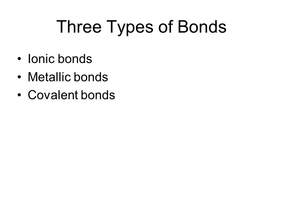 Three Types of Bonds Ionic bonds Metallic bonds Covalent bonds