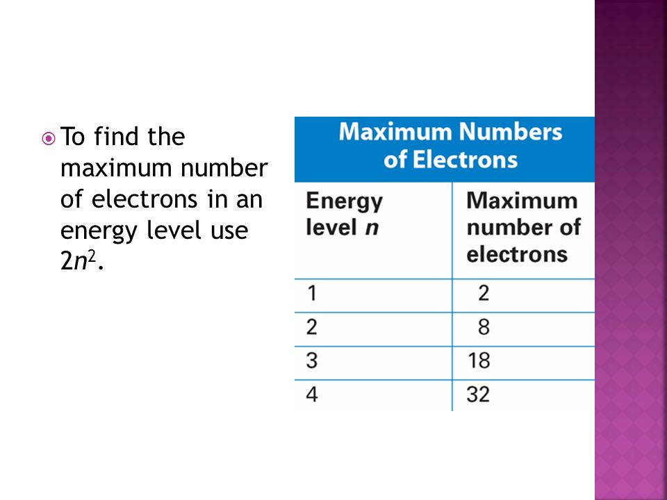  To find the maximum number of electrons in an energy level use 2n 2.