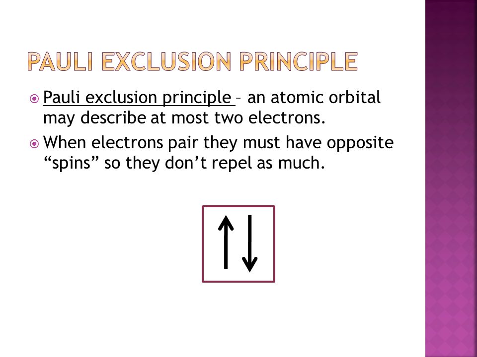  Pauli exclusion principle – an atomic orbital may describe at most two electrons.