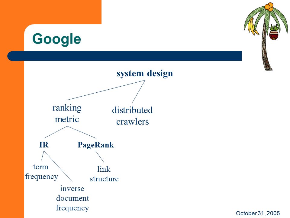 October 31, 2005 Google system design ranking metric distributed crawlers IRPageRank term frequency inverse document frequency link structure