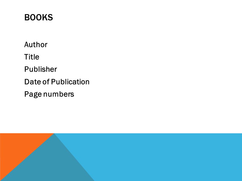 BOOKS Author Title Publisher Date of Publication Page numbers