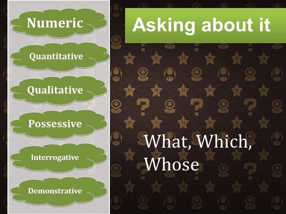 Numeric Quantitative Qualitative Possessive Interrogative Demonstrative What, Which, Whose Asking about it