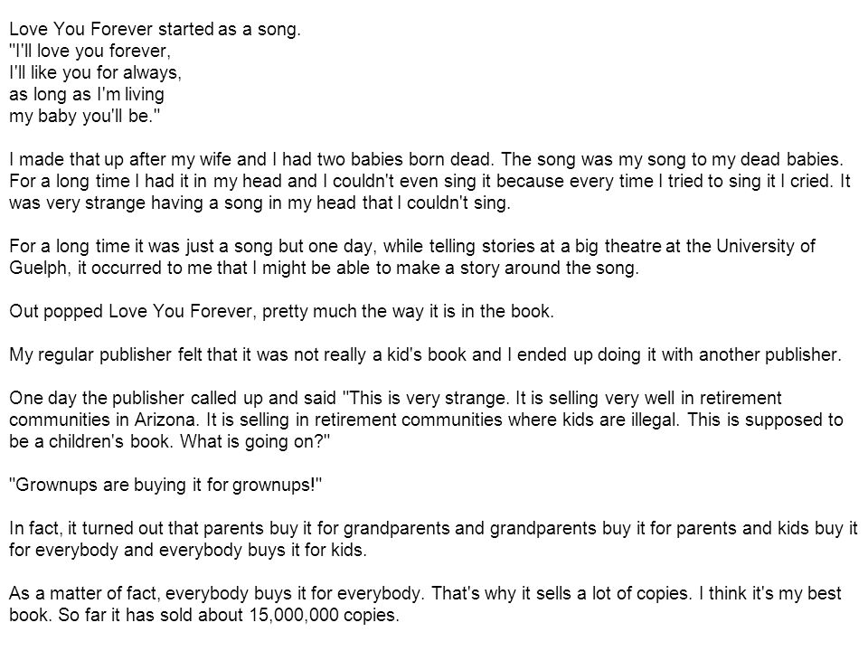 Love You Forever By Robert Munsch A Mother Held Her New Baby And Very Slowly Rocked Him Back And Forth Back And Forth Back And Forth And While She Ppt Download Love You Forever By Robert Munsch A Mother Held Her New Baby And Very Slowly Rocked Him Back And Forth Back And Forth Back And Forth And While She Ppt Download