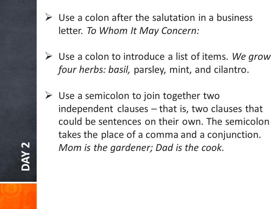 DAY 2  Use a colon after the salutation in a business letter.