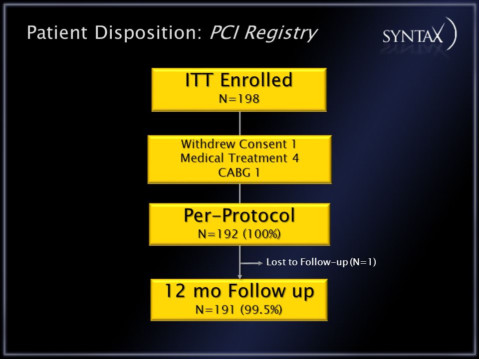12 mo Follow up N=191 (99.5%) Patient Disposition: PCI Registry Lost to Follow-up (N=1) Withdrew Consent 1 Medical Treatment 4 CABG 1 Per-Protocol N=192 (100%) ITT Enrolled N=198