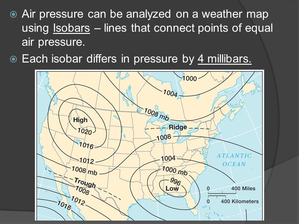  Air pressure can be analyzed on a weather map using Isobars – lines that connect points of equal air pressure.