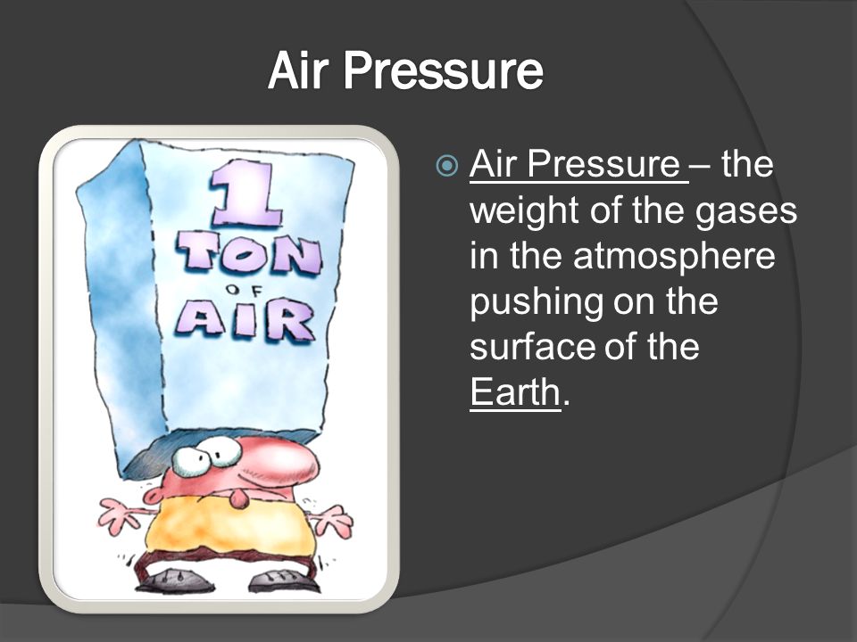  Air Pressure – the weight of the gases in the atmosphere pushing on the surface of the Earth.