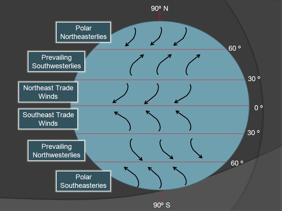 0 º 30 º 60 º 90º N 30 º 60 º 90º S Northeast Trade Winds Southeast Trade Winds Prevailing Southwesterlies Prevailing Northwesterlies Polar Southeasteries Polar Northeasterlies