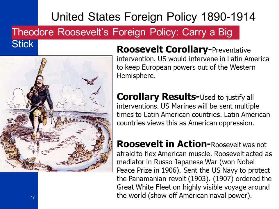 17 United States Foreign Policy Theodore Roosevelt’s Foreign Policy: Carry a Big Stick Roosevelt Corollary- Preventative intervention.