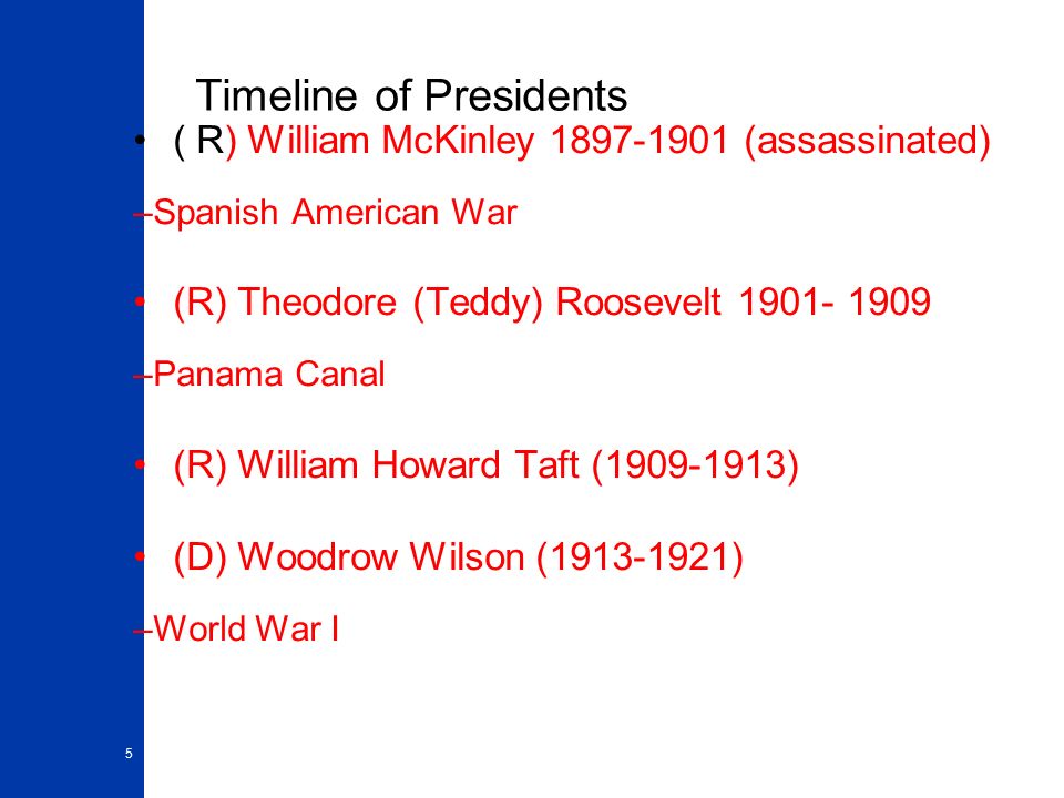 Timeline of Presidents ( R) William McKinley (assassinated) –Spanish American War (R) Theodore (Teddy) Roosevelt –Panama Canal (R) William Howard Taft ( ) (D) Woodrow Wilson ( ) –World War I 5