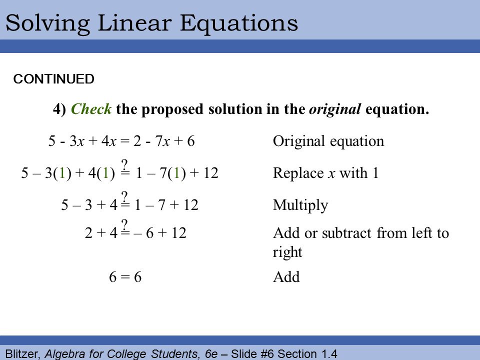 Blitzer, Algebra for College Students, 6e – Slide #6 Section 1.4 Solving Linear Equations 4) Check the proposed solution in the original equation.