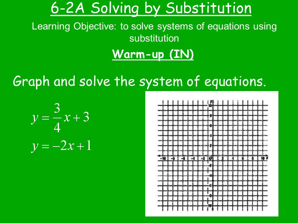 6-2A Solving by Substitution Warm-up (IN) Learning Objective: to solve systems of equations using substitution Graph and solve the system of equations.