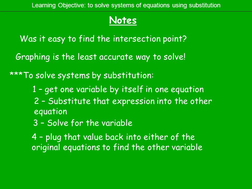 Notes Learning Objective: to solve systems of equations using substitution Was it easy to find the intersection point.