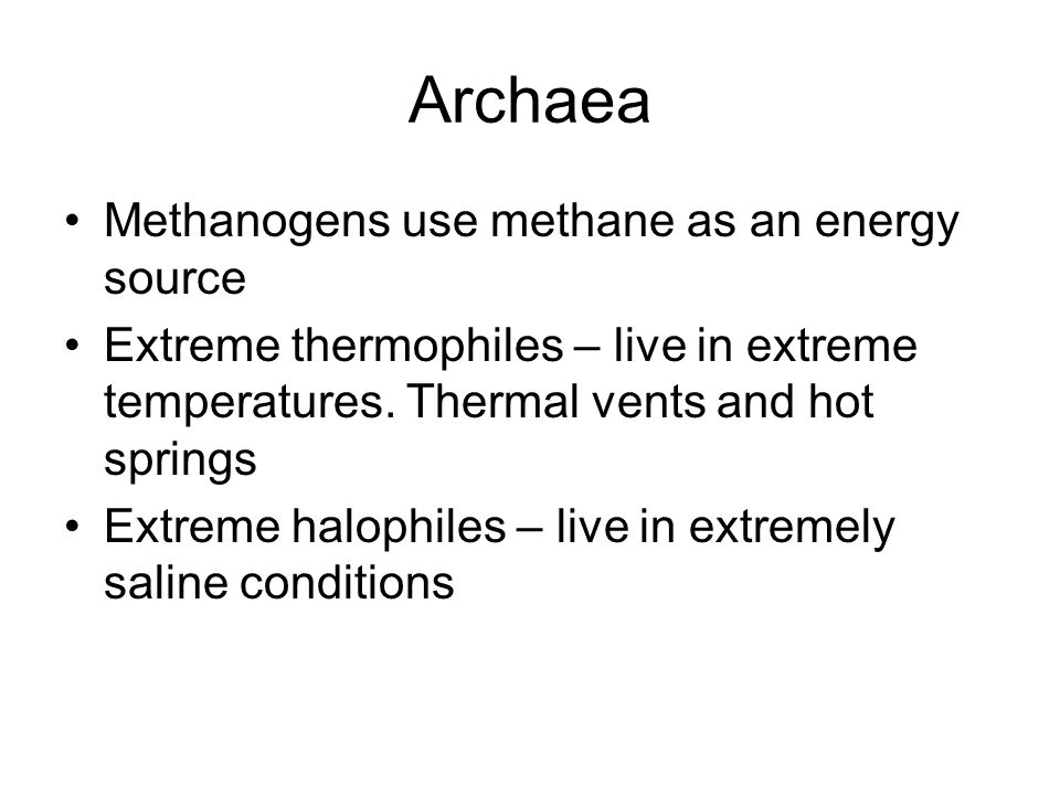 Archaea Methanogens use methane as an energy source Extreme thermophiles – live in extreme temperatures.