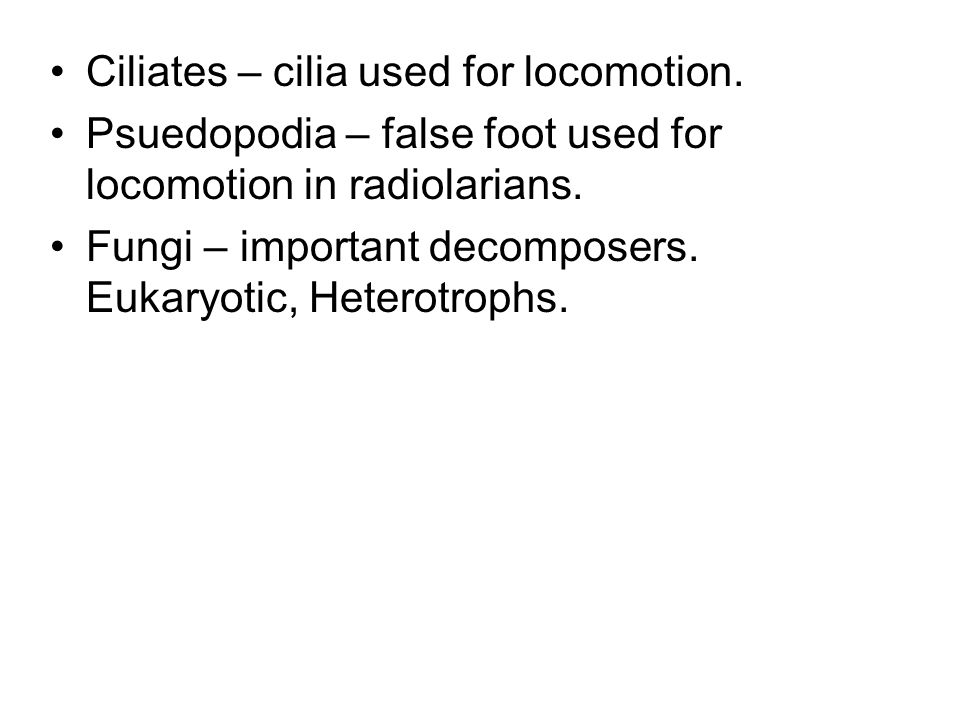 Ciliates – cilia used for locomotion. Psuedopodia – false foot used for locomotion in radiolarians.
